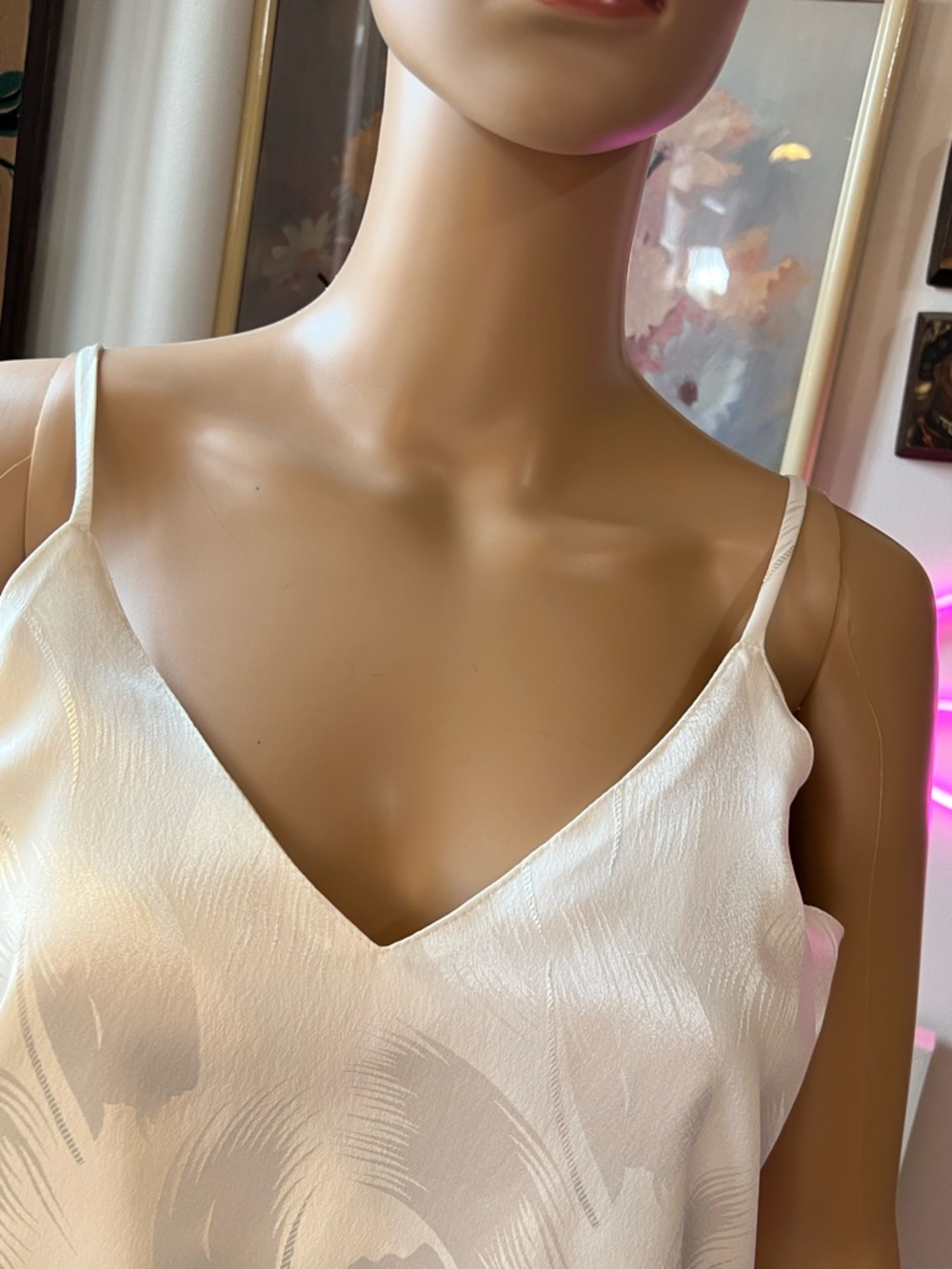 70s Disco Styling Creamy White Satin/Matte V-Neck Jumpsuit with Spaghetti Straps - Picture 3 of 14